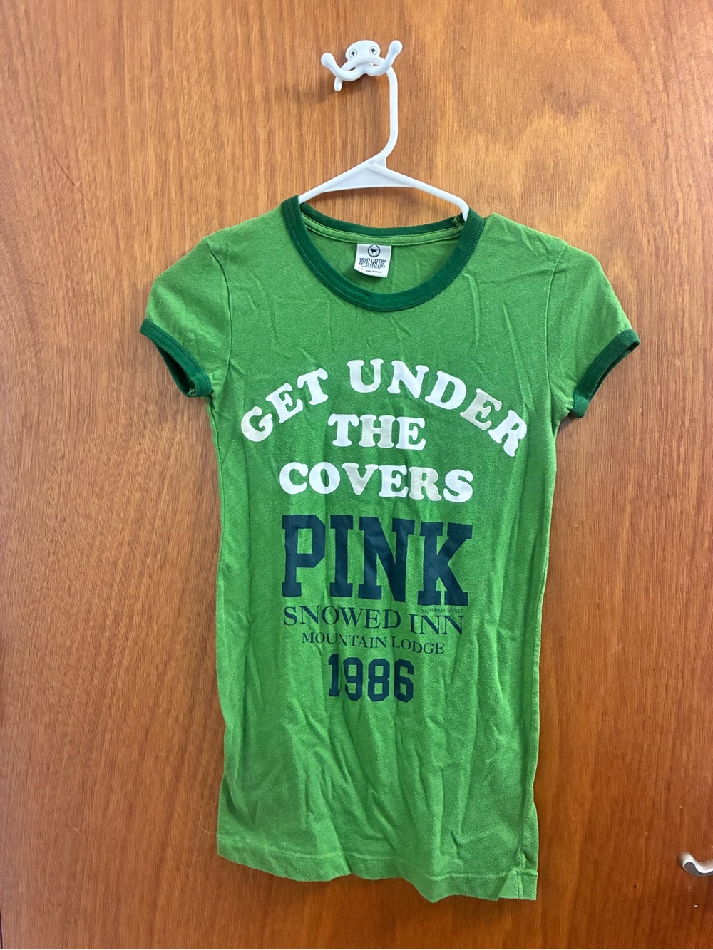 PINK Victoria's Secret Green Short Sleeve Graphic Tee with White & Navy Print